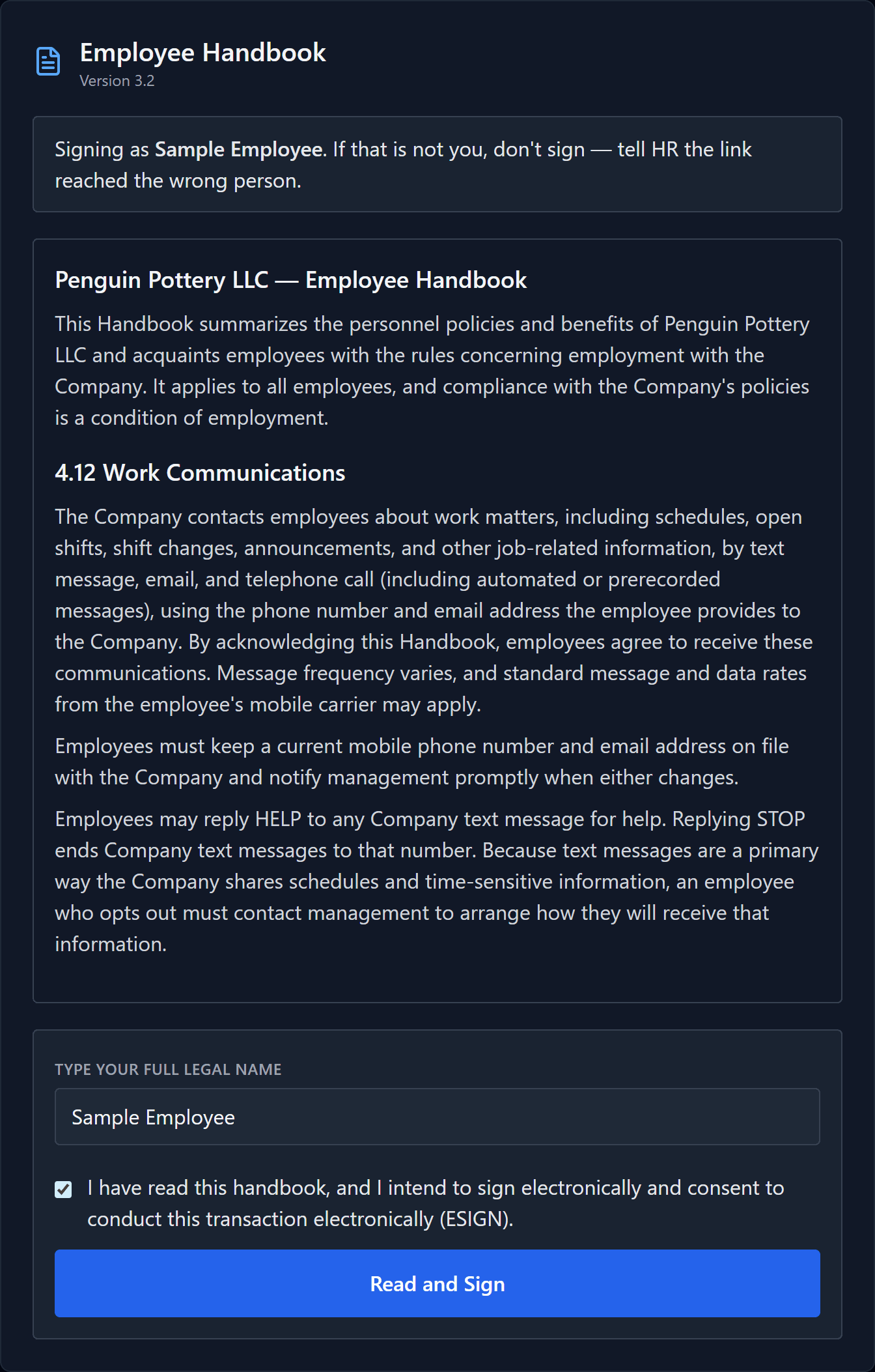 The Employee Handbook signing page showing section 4.12 Work Communications, a typed name, a checked acknowledgment box and the Read and Sign button.